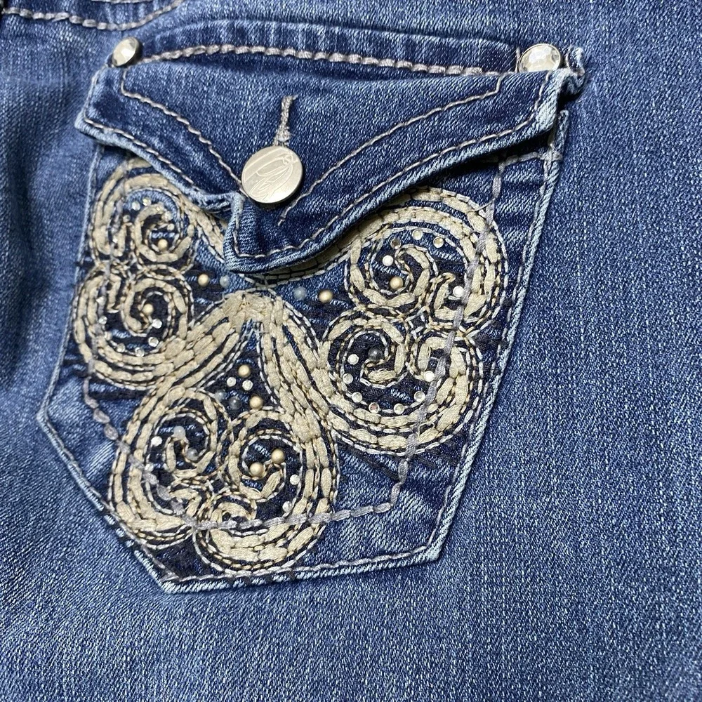 Nine West Ramses Bling Boot Jeans Women 12 Blue Denim Flap Pockets Western